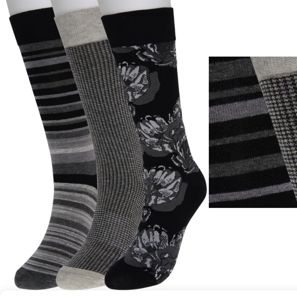 SAVILE ROW ELDON 3 PAIR PACK MENS SOCKS BLACK/GRAY STRIPE AND FLORAL OS NWT